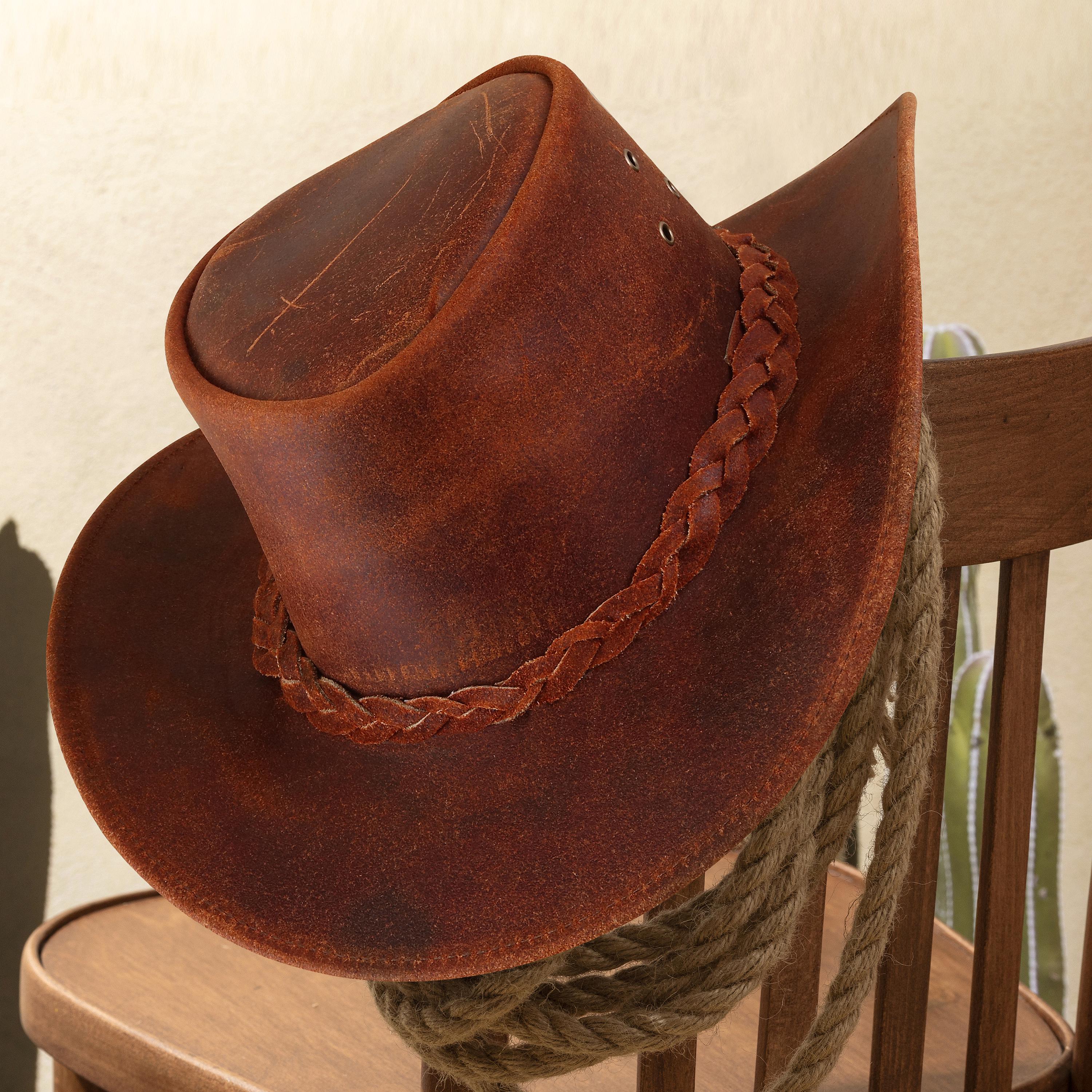 Upcycled Brown Suede Western Hat with Braided Leather Band by krestivekristen Vegan Suede Cowboy Hat (Caramel) with braided suede band  main image 4
