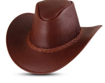 Könnte beinhalten: Ein brauner Cowboyhut aus Leder mit einem geflochtenen Band um den Kronenbereich. Der Hut hat eine breite Krempe und eine abgerundete Krone. Das Leder scheint glatt und leicht glänzend zu sein. Der Hut ist für Sonnenschutz und Stil konzipiert.
