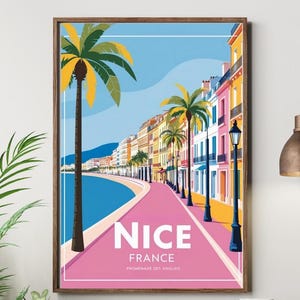 Nice France Colorful Retro Travel Poster | Promenade des Anglais Nice Wall Art | Vintage French Riviera Print | Côte d’Azur Home Decor