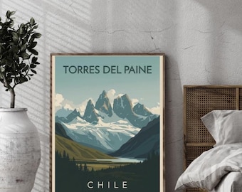 Póster de viaje retro de Torres del Paine: arte de viajes chileno moderno de mediados de siglo