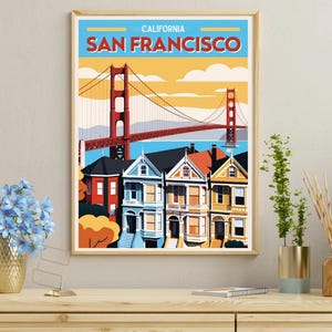 San Francisco Retro Travel Poster | Golden Gate Bridge & Painted Ladies | California Wall Art | Vintage West Coast City Home Decor Print