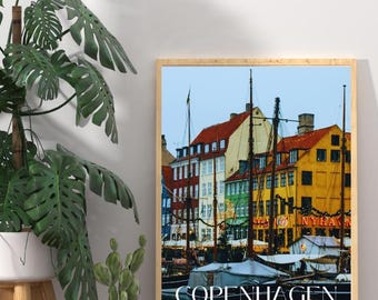 Nyhavn Copenhagen Travel Poster: Denmark Harbor Print, Scandinavia Wall Art