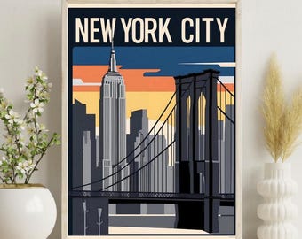 Retro New York City Travel Poster: Brooklyn Bridge & Empire State Building