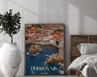 Póster turístico de Dubrovnik, Croacia: Impresión de la arquitectura del casco antiguo y el mar Adriático