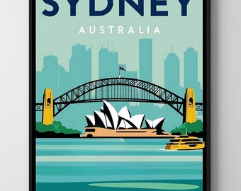 Sydney Opera House Vintage reseaffisch: Retro konsttryck från Australiensisk stad