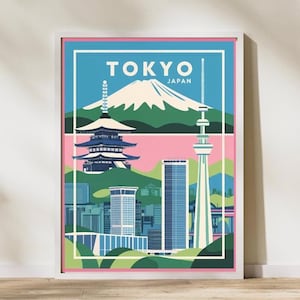 Retro Tokyo Travel Poster | Colorful Vintage Japanese Wall Art Print | Mount Fuji Modern Cityscape | Tokyo Skyline Decor | Japan Travel Gift