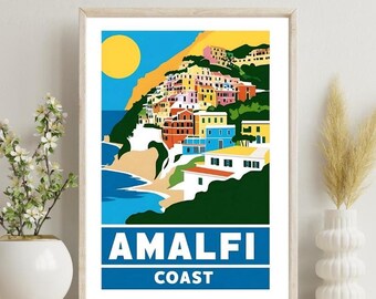 Amalfi Coast Italy Retro Travel Poster: Vintage Italian Riviera Art