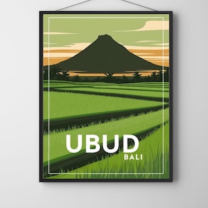 Ubud Bali Retro Travel Poster | Vintage Indonesian Balinese Wall Art | Mount Batur Rice Fields Print | Bali Indonesia Poster and Souvenir