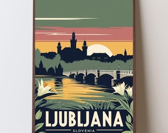 Póster de viaje de Liubliana, Eslovenia: Impresión retro de una ciudad europea