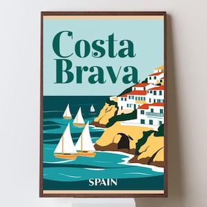 Póster de viaje retro de la Costa Brava, España / Arte mural vintage de la costa española / Impresión de paisaje mediterráneo / Póster y recuerdo de viaje europeo