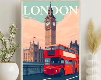 London Retro Travel Poster: Big Ben & Red Bus Vintage Art