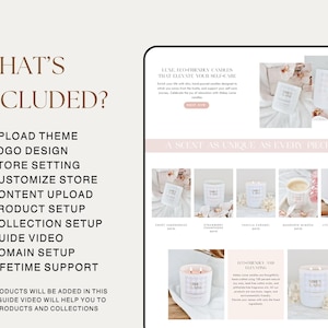 May include: A digital graphic displaying a service package list titled WHAT'S INCLUDED? with bullet points for theme, logo, store, and product setup. The right side shows a website layout featuring white candles with labels, product names, and descriptions.