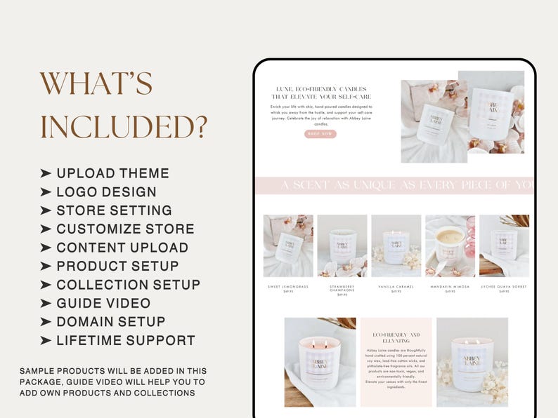 May include: A digital graphic displaying a service package list titled WHAT'S INCLUDED? with bullet points for theme, logo, store, and product setup. The right side shows a website layout featuring white candles with labels, product names, and descriptions.