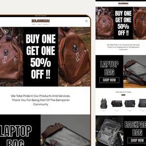 May include: A website interface for Benjaminsbag featuring brown leather sling bags, black laptop bags, and a grey patterned backpack. The text displays Buy One Get One 50% Off, Laptop Bag, Shop Now, and Backpack Bag alongside promotional messaging.