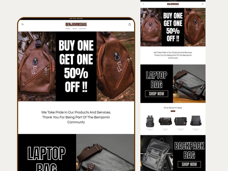 May include: A website interface for Benjaminsbag featuring brown leather sling bags, black laptop bags, and a grey patterned backpack. The text displays Buy One Get One 50% Off, Laptop Bag, Shop Now, and Backpack Bag alongside promotional messaging.