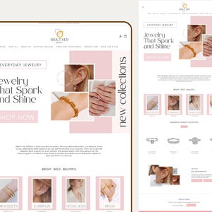 May include: A website interface for About Her Jewelry featuring a soft pink and white color scheme. The layout displays text reading Jewelry That Spark and Shine, Shop Now, and New Collections, alongside images of gold bracelets, rings, and earrings.