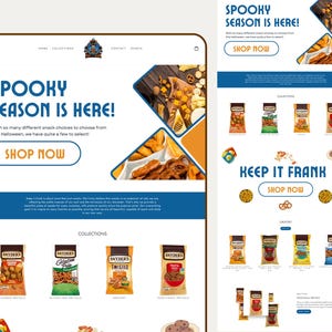 May include: A website layout featuring the text Spooky Season Is Here and Keep It Frank, showcasing various Snyder's of Hanover snack products, including bags of pretzels and snack assortments arranged in a grid with blue and orange accents.