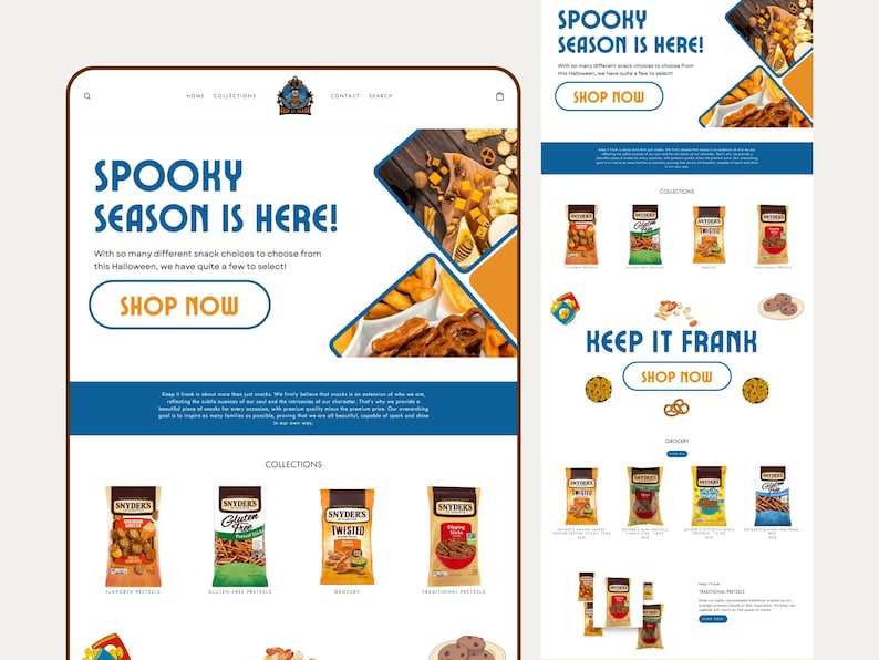 May include: A website layout featuring the text Spooky Season Is Here and Keep It Frank, showcasing various Snyder's of Hanover snack products, including bags of pretzels and snack assortments arranged in a grid with blue and orange accents.