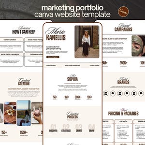 May include: A digital marketing portfolio website template for Canva featuring a clean layout with sections for services, brand campaigns, and pricing packages. The design uses a neutral color palette with dark brown text and headers.