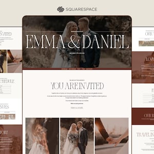 May include: A website design for a wedding, featuring the names "EMMA & DANIEL" in large, elegant font. The design includes sections for venues, love story, wedding schedule, and registry, with a color palette of white, brown, and beige.