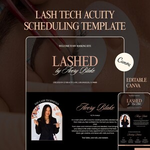 May include: A digital scheduling template for lash technicians featuring the text LASH TECH ACUITY SCHEDULING TEMPLATE, LASHED by Avery Blake, and a profile section for a lash artist. The design uses a black and beige color scheme with Canva branding.