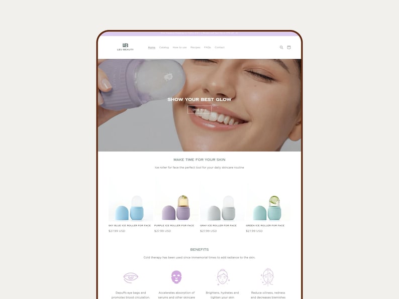May include: A website interface for LB Beauty featuring a lavender ice roller for the face. The page displays the text SHOW YOUR BEST GLOW and showcases four different colored ice rollers in blue, purple, gray, and green with product names.