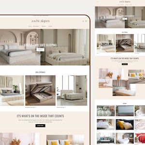 May include: A website interface for Zacht Slapen featuring a beige color palette, displaying various bedroom furniture including upholstered beds, box springs, and bedding sets with text overlays like STRESS FREE SOFT SLEEPING and SHOP NOW.