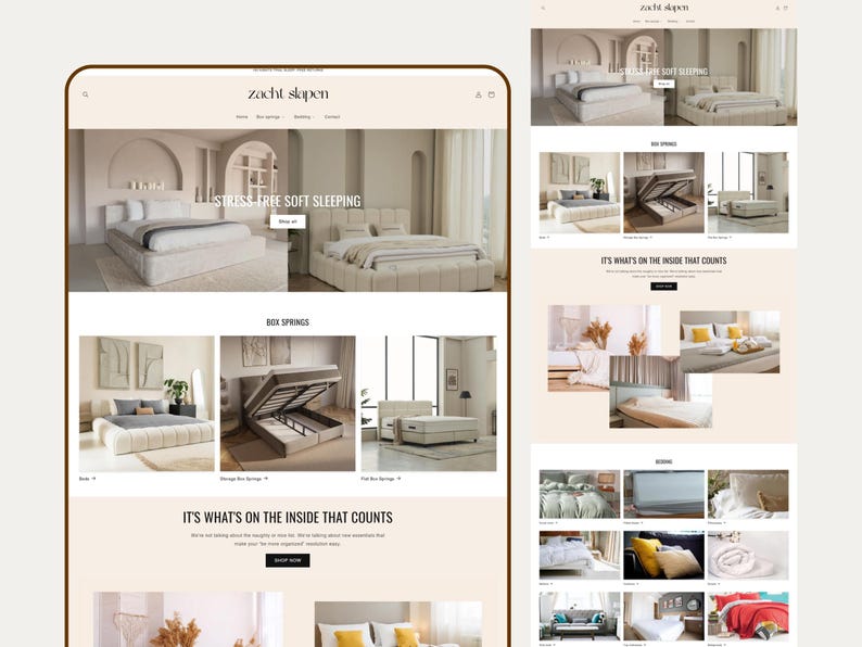 May include: A website interface for Zacht Slapen featuring a beige color palette, displaying various bedroom furniture including upholstered beds, box springs, and bedding sets with text overlays like STRESS FREE SOFT SLEEPING and SHOP NOW.