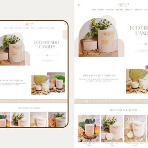 May include: A website interface for Love Lit Candle Co. featuring a navigation menu, the text Eco Friendly Candles, and a signature collection of various scented candles in white and beige jars decorated with dried leaves and floral accents.