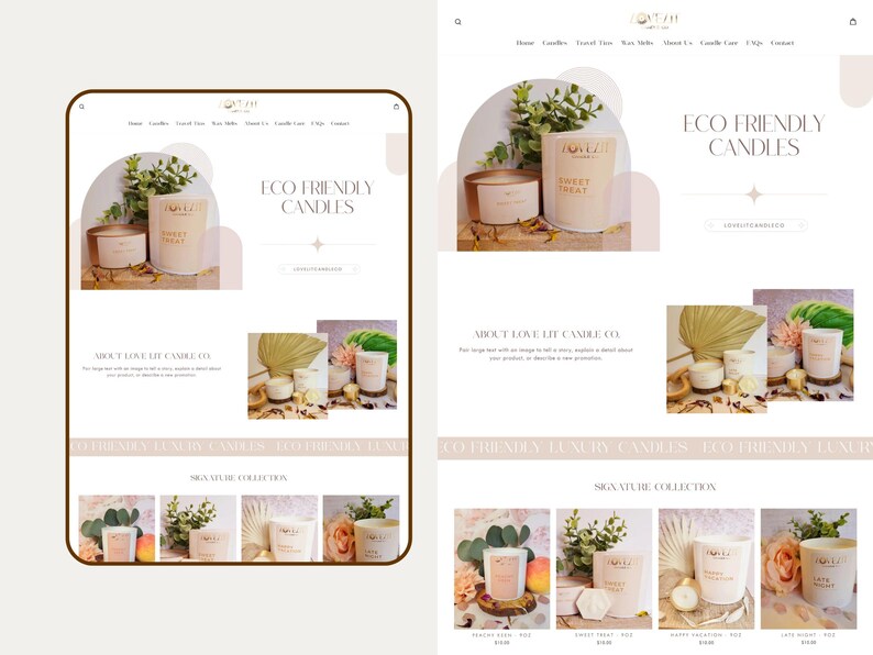 May include: A website interface for Love Lit Candle Co. featuring a navigation menu, the text Eco Friendly Candles, and a signature collection of various scented candles in white and beige jars decorated with dried leaves and floral accents.