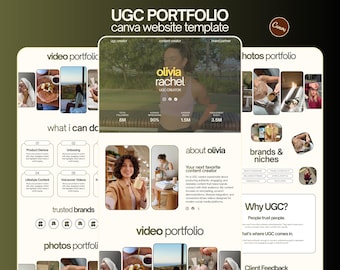 May include: A Canva website template for a UGC portfolio featuring a neutral colour palette with dark text. The layout includes sections for a video portfolio, photos portfolio, about me, and brand partnerships with placeholders for images and text.
