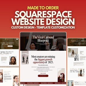 Op de afbeelding: Een promotieafbeelding voor Squarespace website-ontwerpdiensten. De afbeelding toont website-mockups met de tekst "MADE TO ORDER SQUARESPACE WEBSITE DESIGN" en "CUSTOM DESIGN - TEMPLATE CUSTOMIZATION."