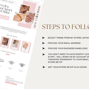 May include: A digital flyer for an e-commerce jewelry store featuring the text "STEPS TO FOLLOW" with a list of instructions for store setup. The layout includes images of bracelets, earrings, necklaces, and rings, alongside a website header.