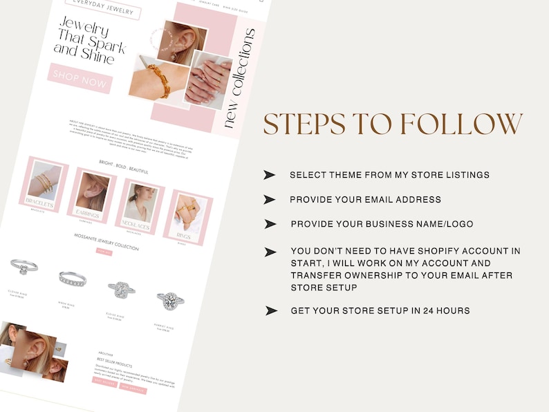 May include: A digital flyer for an e-commerce jewelry store featuring the text "STEPS TO FOLLOW" with a list of instructions for store setup. The layout includes images of bracelets, earrings, necklaces, and rings, alongside a website header.
