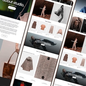 May include: A digital interface displaying a clothing brand website with multiple sections including about studio, best sellers, and item of the week. The layout features various product photography, including a brown leather tote bag, knitwear, and apparel.