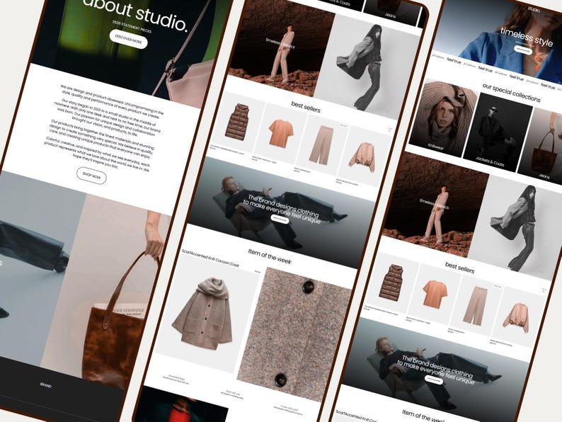 May include: A digital interface displaying a clothing brand website with multiple sections including about studio, best sellers, and item of the week. The layout features various product photography, including a brown leather tote bag, knitwear, and apparel.