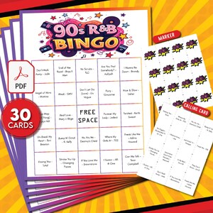 Bingo musique RnB des années 90, tubes de musique R&B, jeu de musique hip hop, soirée RnB et hip-hop, jeu de fête des années 90, anniversaire musical, réunion d'amis