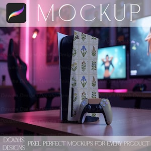 May include: A PlayStation 5 console with a botanical-themed skin and a matching controller. The skin features a grid of vintage-style botanical illustrations. The word "MOCKUP" is at the top. The controller is tan and black.
