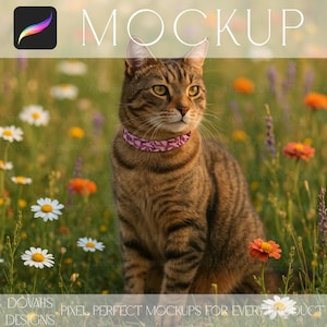 May include: A tabby cat wearing a pink patterned collar sits in a field of wildflowers. The image includes the word "MOCKUP" and the text "PIXEL PERFECT MOCKUPS FOR EVERY PRODUCT" in the image.