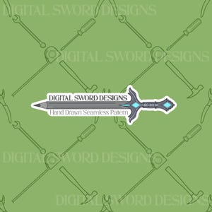 Op de afbeelding: Een naadloos patroon op een lichtgroene achtergrond met herhalende contouren van moersleutels, schroevendraaiers, hamers en meetlinten. Een centrale afbeelding toont een zwaardvormig potlood met de tekst DIGITAL SWORD DESIGNS Hand Drawn Seamless Pattern.