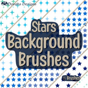 May include: A digital graphic design featuring the words "Stars Background Brushes" in a stylized font, set against a backdrop of blue stars and diagonal stripes. The image includes the text "8 Brushes".