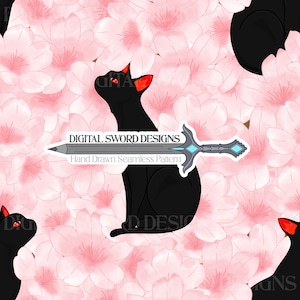 Black Cat Seamless Pattern Cherry Blossom Repeating File (Digital Download)