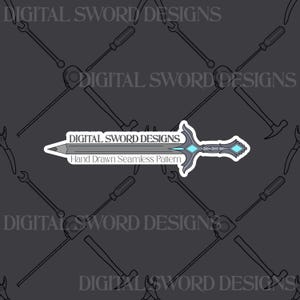 Op de afbeelding: Een digitale afbeelding met een zwaardvormig potlood met een grijs blad en een handvat met lichtblauwe ruitvormige accenten. De tekst luidt DIGITAL SWORD DESIGNS en Hand Drawn Seamless Pattern. De achtergrond is een donkergrijs gereedschapspatroon.