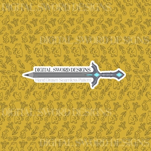 May include: A mustard yellow seamless pattern featuring repeating black line art illustrations of rabbits, bees, chickens, and flowers. Centered is a sword-shaped logo with the text DIGITAL SWORD DESIGNS and Hand Drawn Seamless Pattern.