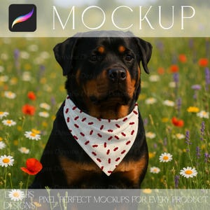 May include: A Rottweiler dog wearing a white bandana with a red cherry pattern, set against a backdrop of wildflowers. The word "MOCKUP" is displayed at the top, with "PIXEL PERFECT MOCKUPS FOR EVERY PRODUCT" at the bottom.