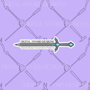 Op de afbeelding: Een naadloos patroon op een lichtpaarse achtergrond met herhalende lijntekeningen van moersleutels, schroevendraaiers, meetlinten en hamers. Een centrale afbeelding toont een zwaardvormig potlood met de tekst DIGITAL SWORD DESIGNS.