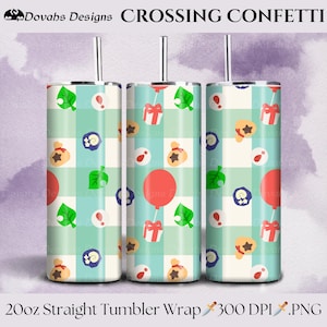 Puede incluir: Tres envoltorios rectos para vasos de 20 oz con un patrón repetido de hojas verdes, globos rojos, cajas de regalo y campanas sobre un fondo a cuadros azul claro y blanco. El texto "CROSSING CONFETTI" está en la parte superior. El texto "20oz Straight Tumbler Wrap" está en la parte inferior.
