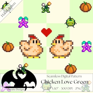 May include: A seamless digital pattern with pixelated chickens, pumpkins, flowers, and hearts on a light green and white checkered background. The design includes the text "Chicken Love Green" and "Hand drawn".