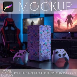 May include: A mockup featuring a gaming console and two controllers. The console has a floral design in purple and blue. The controllers are white and purple. The word "MOCKUP" is at the top. The text "PIXEL PERFECT MOCKUPS FOR EVERY PRODUCT" is at the bottom.