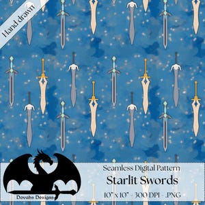 Archivo sin costuras de espadas de fantasía, patrón de espada de noche estrellada, patrón de espada medieval repetitivo, fondo de tela, impresión por sublimación RPG